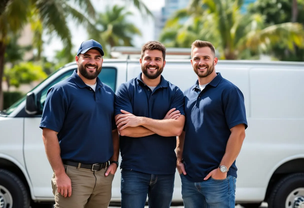 Three plumbing technicians in plain navy polo shirts standing together in front of a service van, Miami Florida
