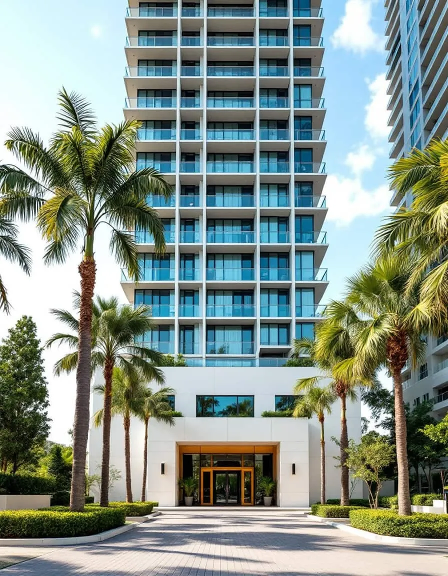A modern high-rise condo tower entrance on Key Biscayne framed by tall palm trees