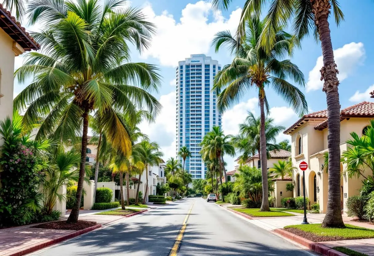 A Lighthouse Point canal-front street with waterfront homes and palm trees