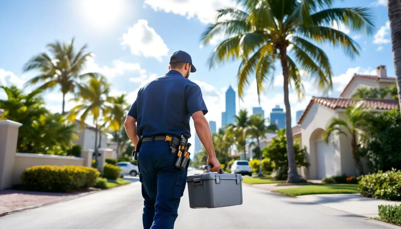 A plumbing technician carrying a toolbox up a residential driveway lined with palm trees, the Miami downtown skyline visible in the distance
