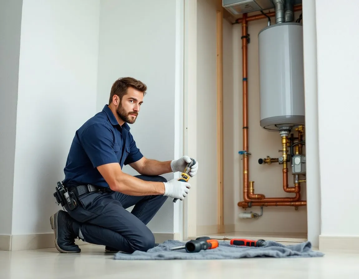 A plumber in a plain navy work shirt kneeling in a condo utility closet, adjusting a copper pipe fitting near a tankless water heater
