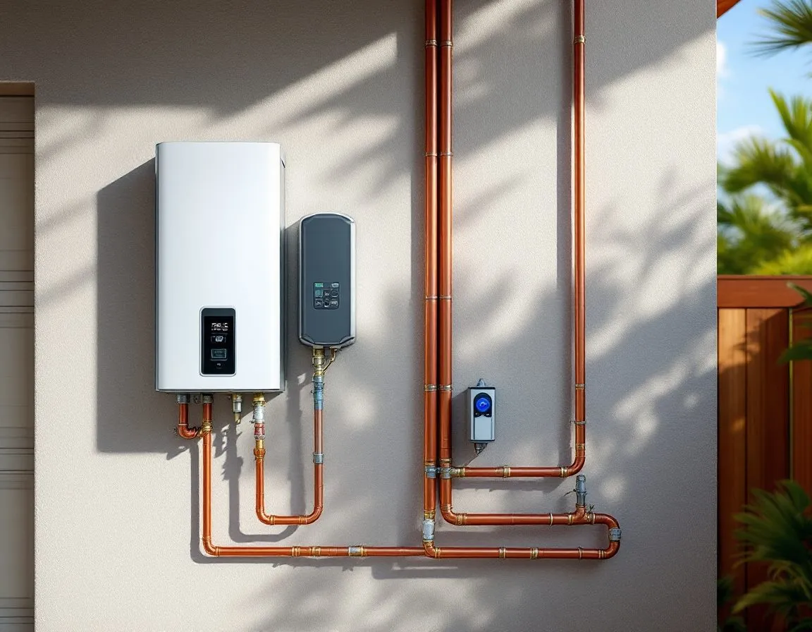 A residential tankless water heater and copper supply lines mounted on an exterior utility wall