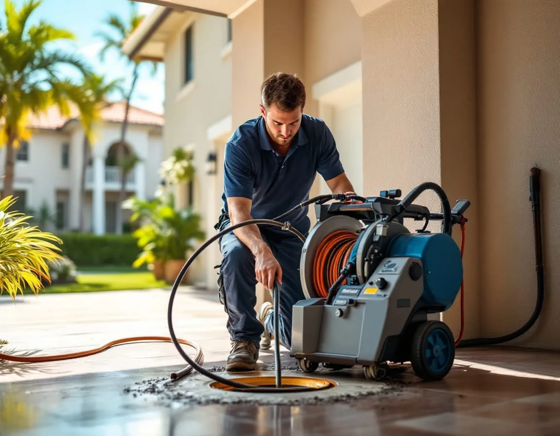 A plumbing technician operating an electric drum drain cleaning machine, feeding cable into a floor cleanout pipe inside a residential garage