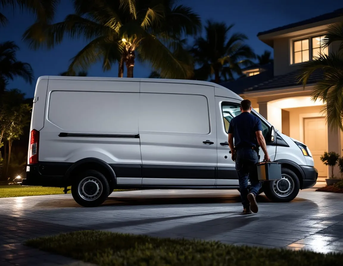 A plumbing service van parked at night, ready for an emergency dispatch call