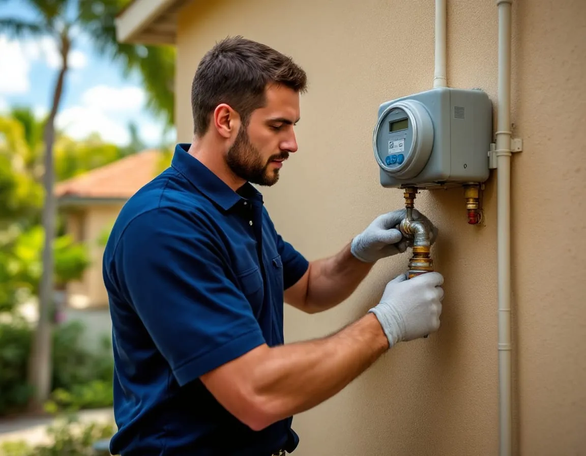 A plumbing technician connecting a gas line fitting at a residential gas meter mounted on an exterior stucco wall