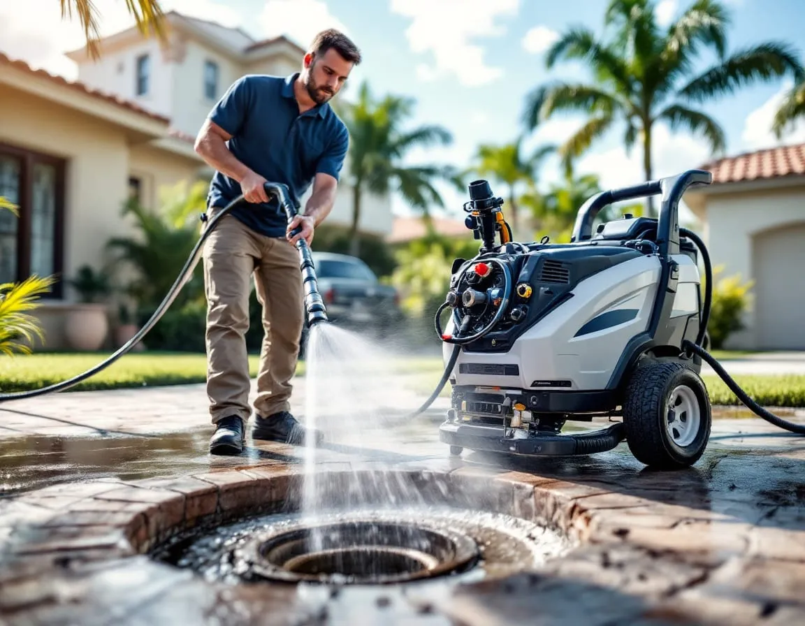 A plumbing technician operating a hydro jetting machine, a high-pressure hose feeding into an open sewer cleanout in a residential driveway