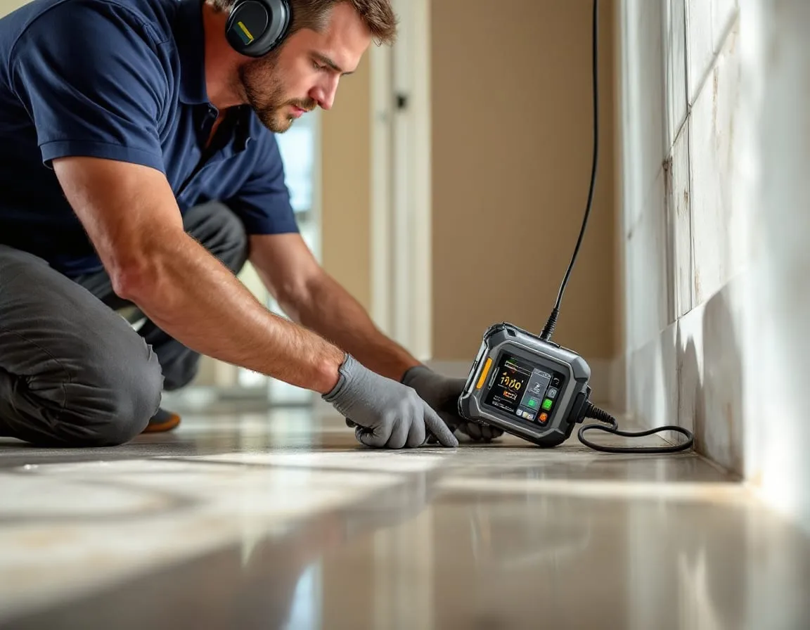 A plumbing technician using an acoustic leak detection listening device against a concrete slab floor inside a home