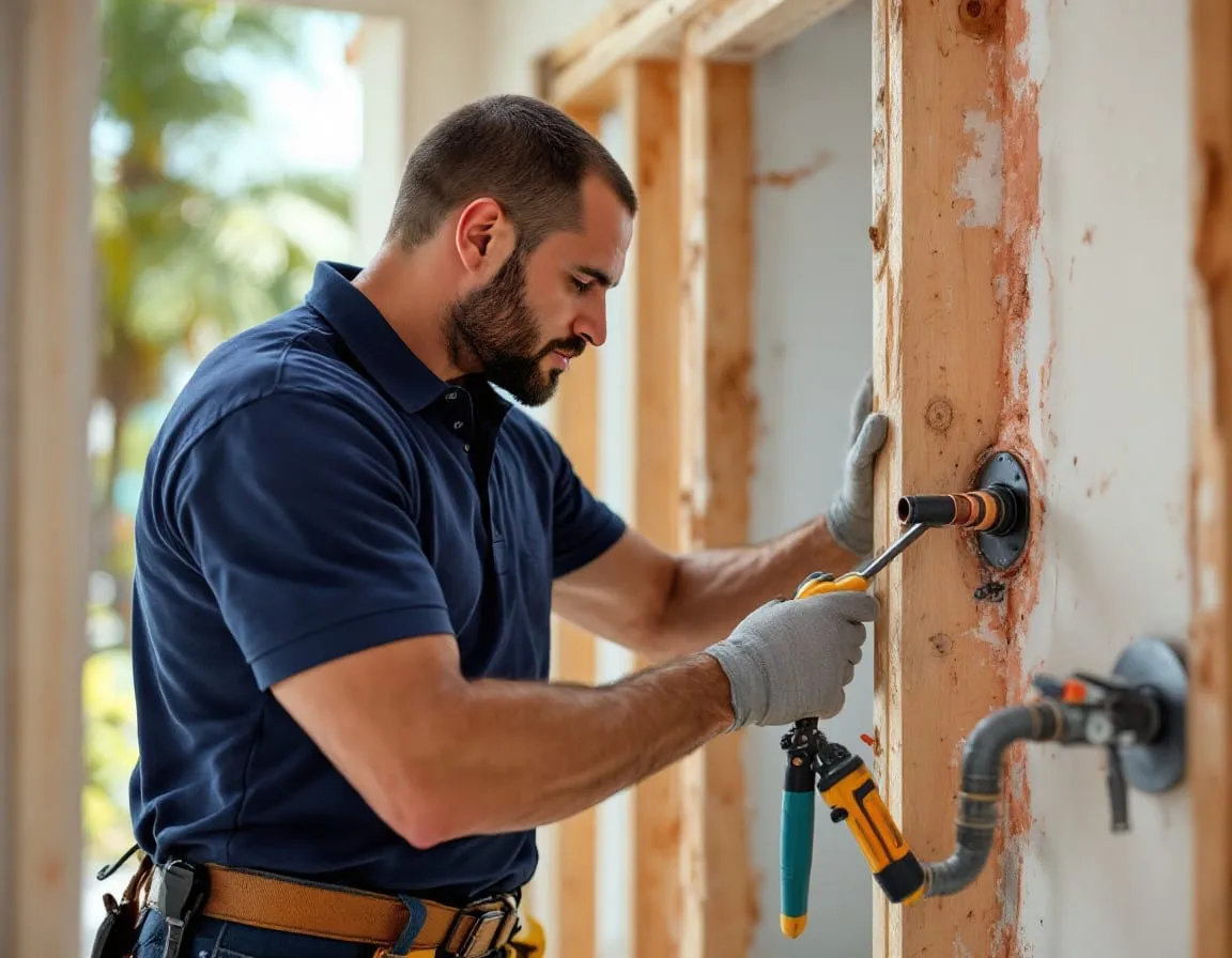 A plumbing technician installing new copper repiping through exposed wall studs during a residential renovation