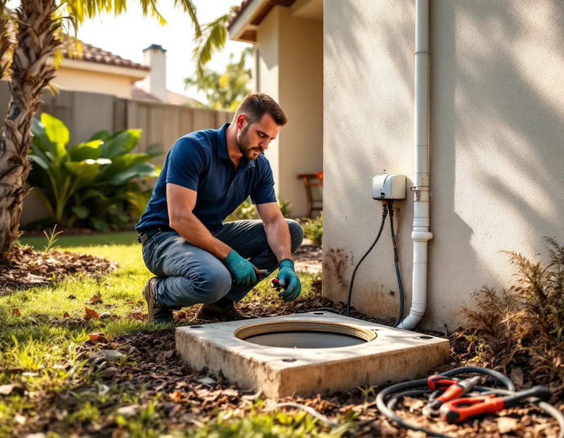 A plumbing technician inspecting an open septic tank access riser in a residential backyard