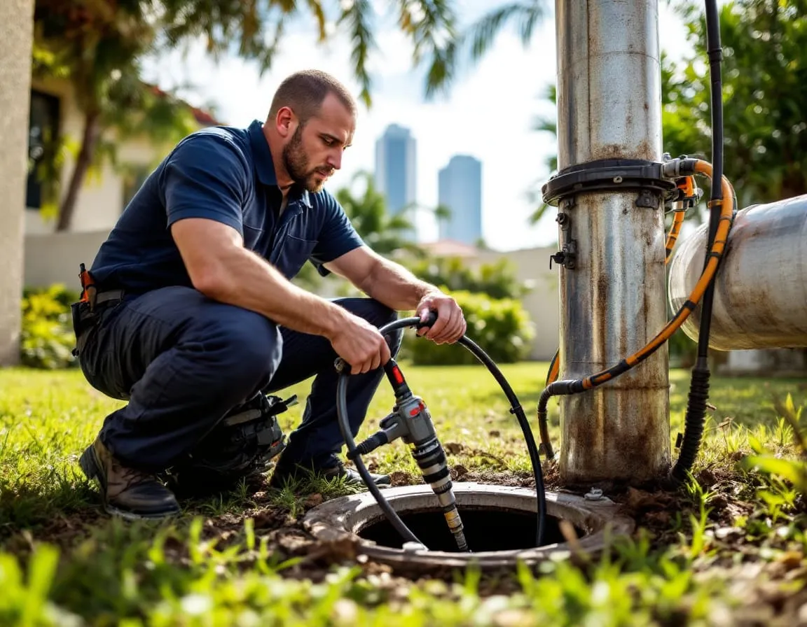 A plumbing technician feeding a sewer inspection camera cable into an open cleanout pipe in a residential yard