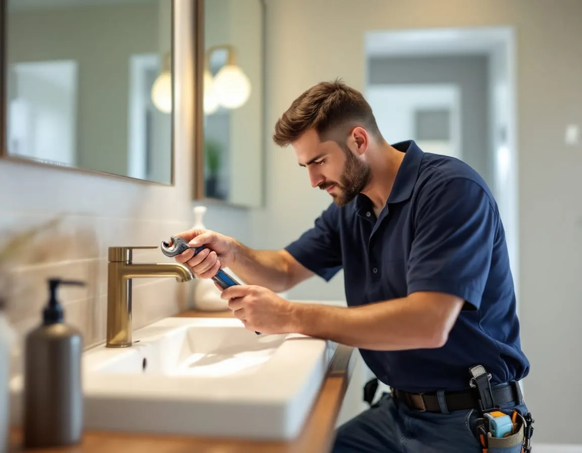 A plumbing technician repairing a bathroom faucet at a sink with a wrench