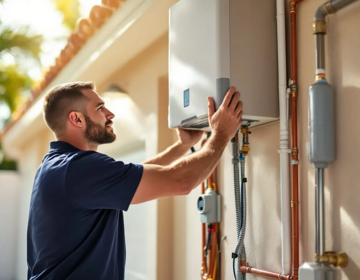 A plumbing technician installing a tankless water heater mounted on a garage wall, copper supply lines and a gas connection visible