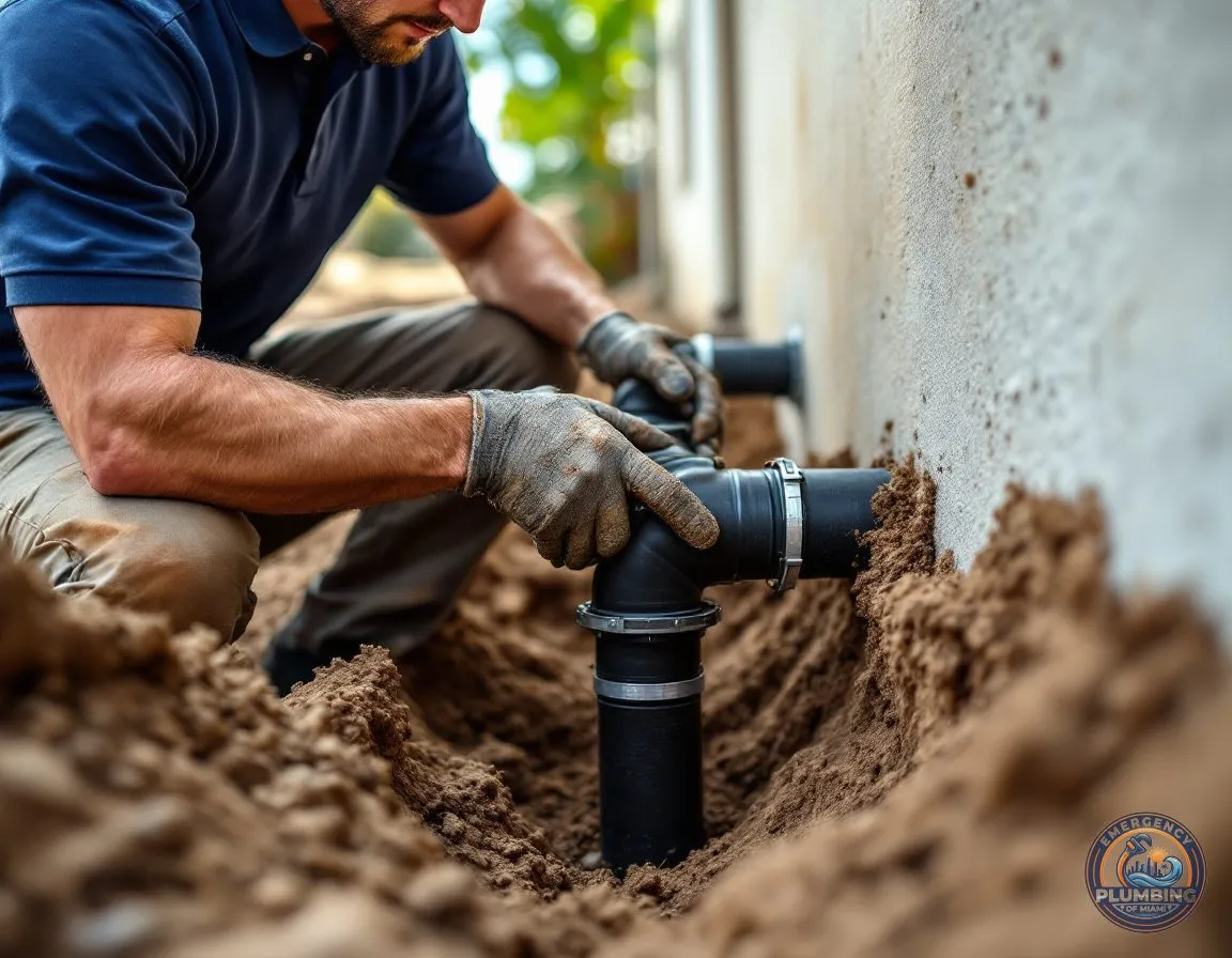 A plumbing technician joining a section of cast iron drain pipe in an open trench beside a stucco home foundation, a no-hub coupling band at the joint