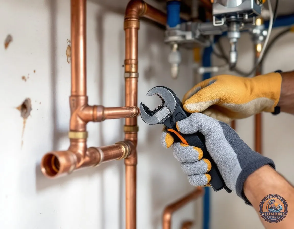 Close-up of a gloved hand tightening a compression fitting on a copper repiping manifold with several branch lines