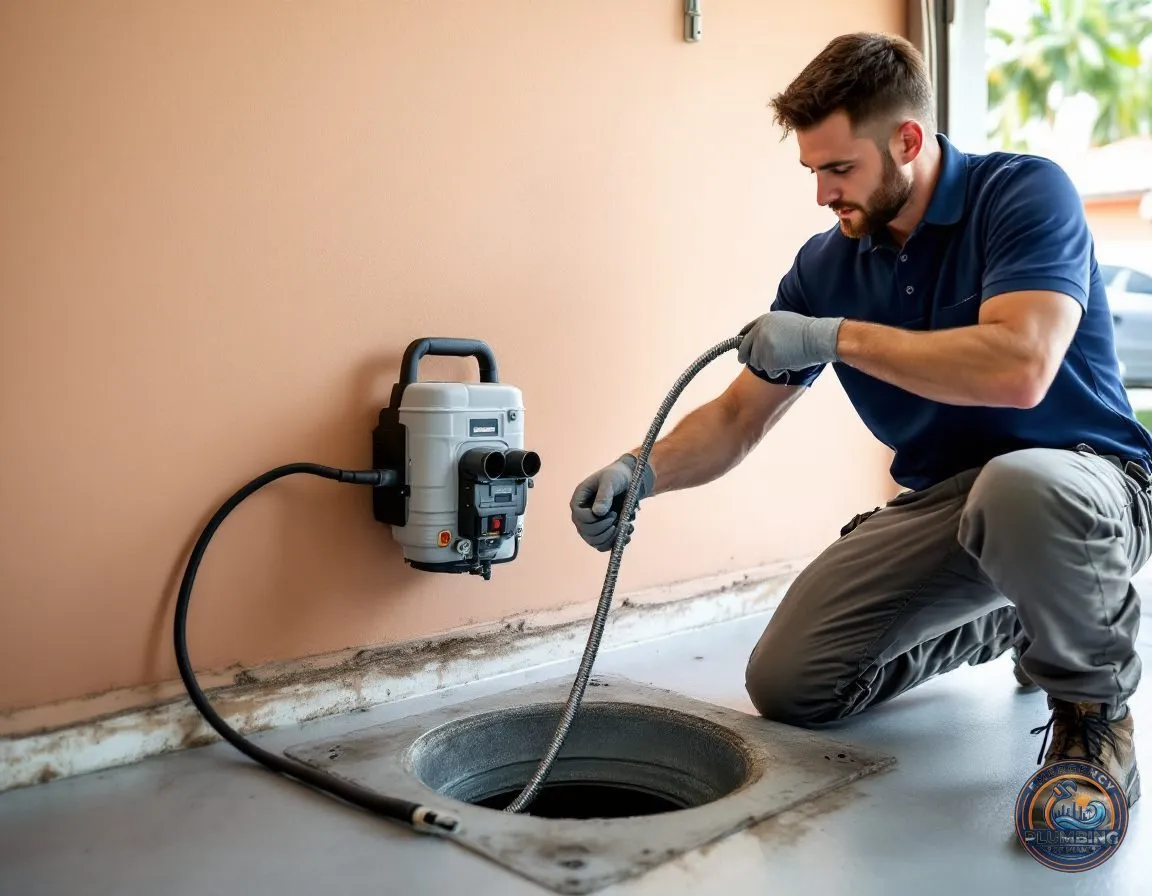 A plumbing technician feeding a steel cable from an electric drum drain machine into an open floor cleanout inside a garage