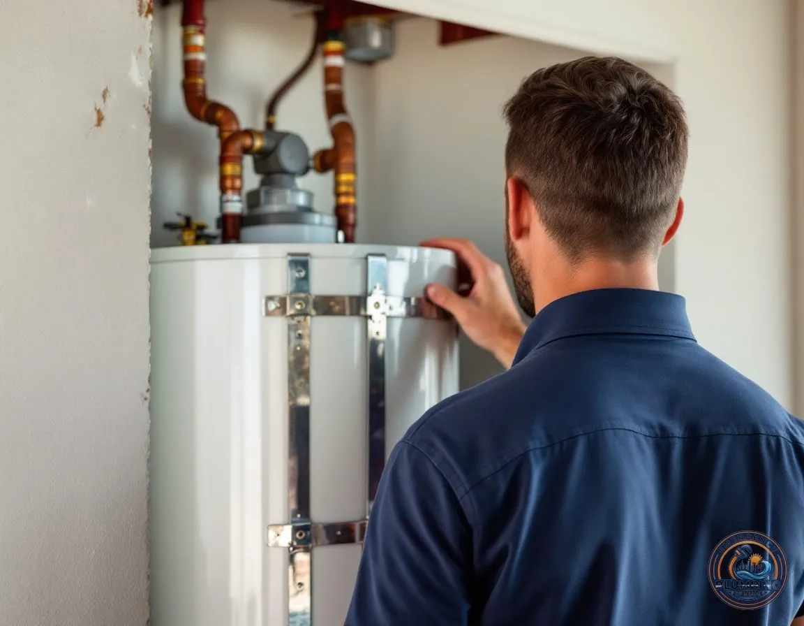 A plumbing technician standing back after securing a new tank water heater in a residential garage, straps in place and copper supply lines connected